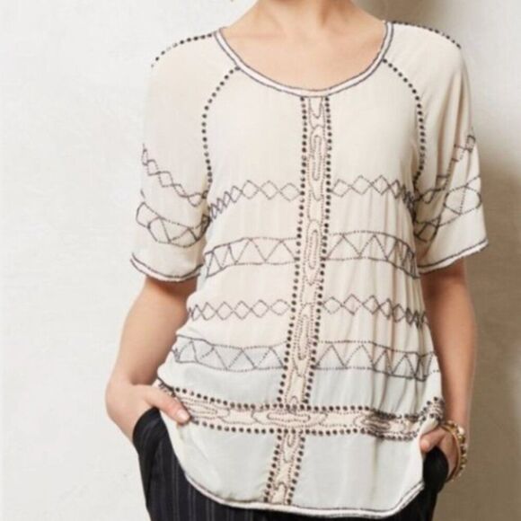 Anthropologie Carnation Lily Lily Rose Beaded Semi sheer Top Womens Size 8 - Picture 1 of 8